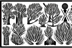 Long slim tree across the back that contains radient energy and tribal leaves tattoo idea