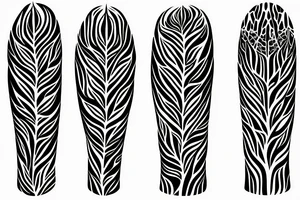 Long slim tree across the back that contains radiant energy and tribal leaves tattoo idea