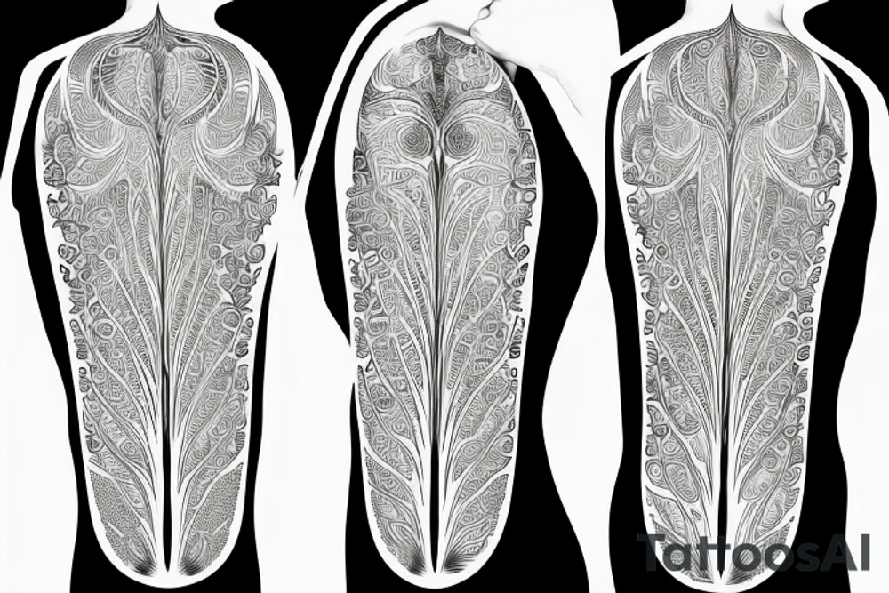 Long tree made of flowy radiant energy across the back tattoo idea