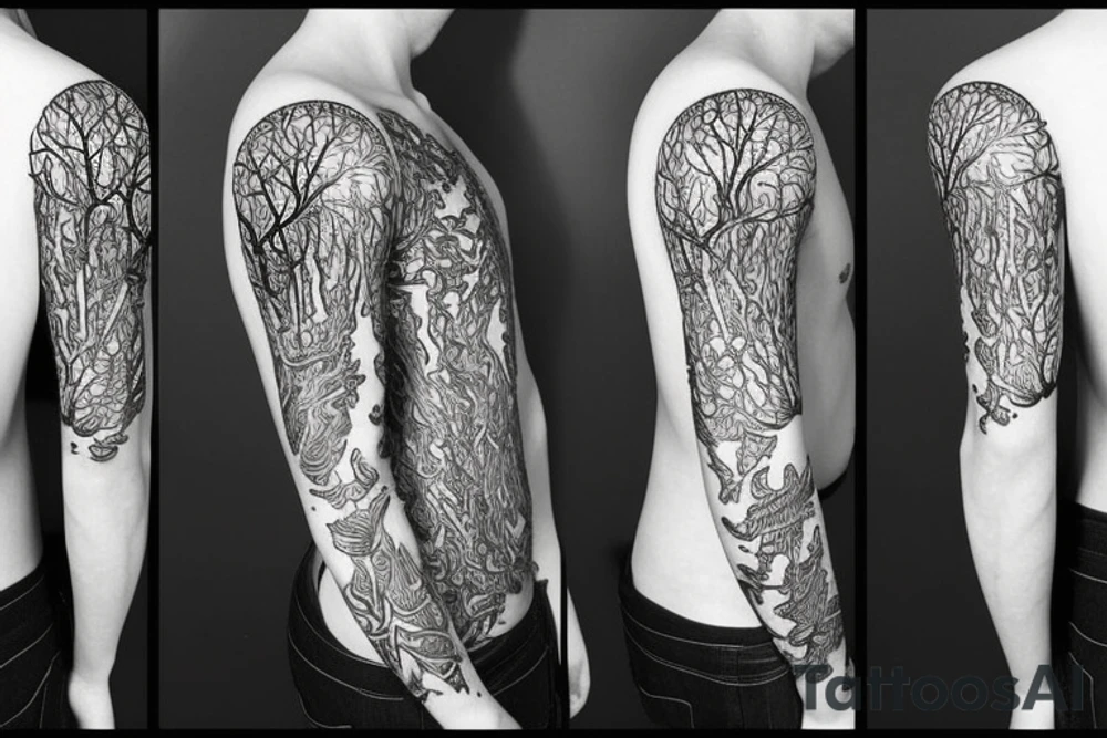Slim tree made of radiant energy on the back from left to right tattoo idea