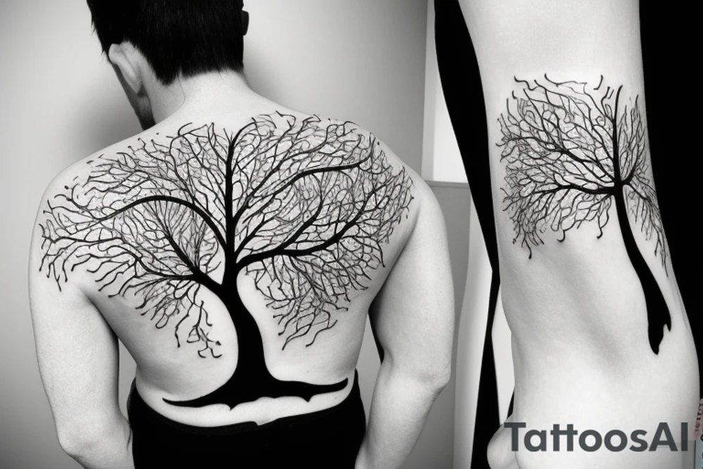 Slim tree made of radiant energy on the back from left to right tattoo idea