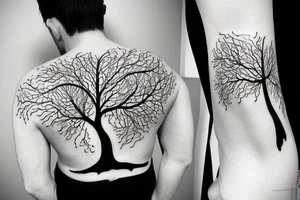 Slim tree made of radiant energy on the back from left to right tattoo idea