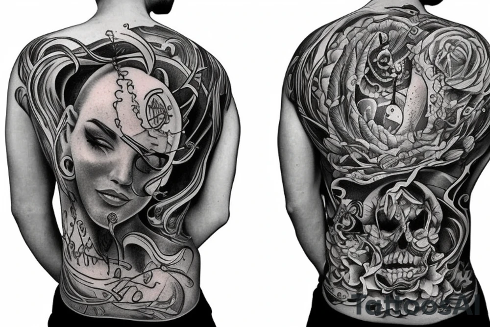 Slim flow made of radiant energy on the back from left to right tattoo idea