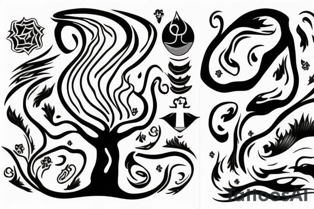 a flow made of radiant energy on the back from left to right in the shape of a tree tattoo idea
