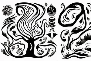 a flow made of radiant energy on the back from left to right in the shape of a tree tattoo idea