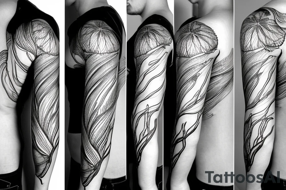a flow made of radiant energy on the back from left to right in the shape of a tree tattoo idea