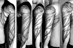 a flow made of radiant energy on the back from left to right in the shape of a tree tattoo idea