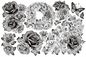 lace background with 4 roses and 2 butterflies tattoo idea