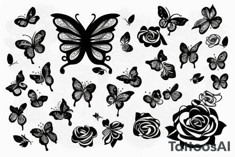 lace background with 4 roses and 2 butterflies tattoo idea