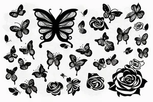 lace background with 4 roses and 2 butterflies tattoo idea