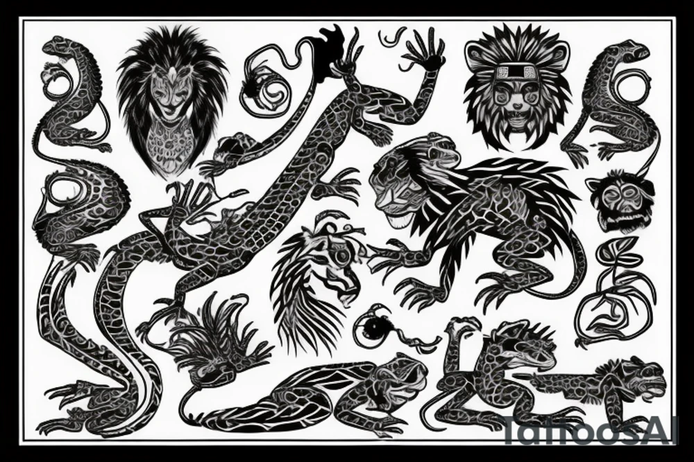Lizard with lion hair aztec tattoo idea