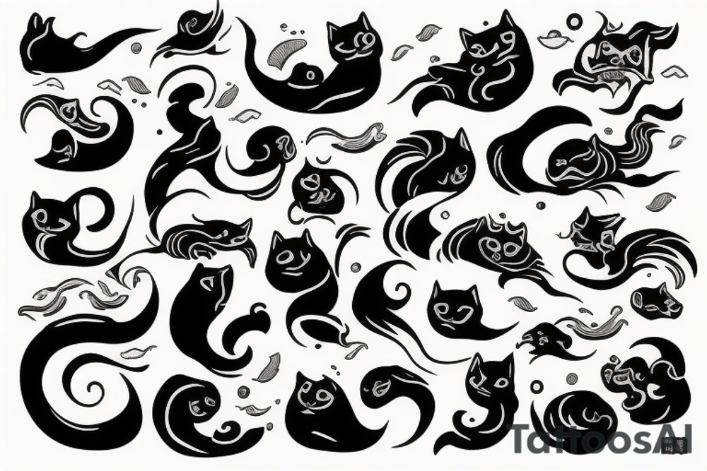 the ocean with waves around a black cat tattoo idea