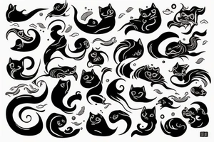 the ocean with waves around a black cat tattoo idea