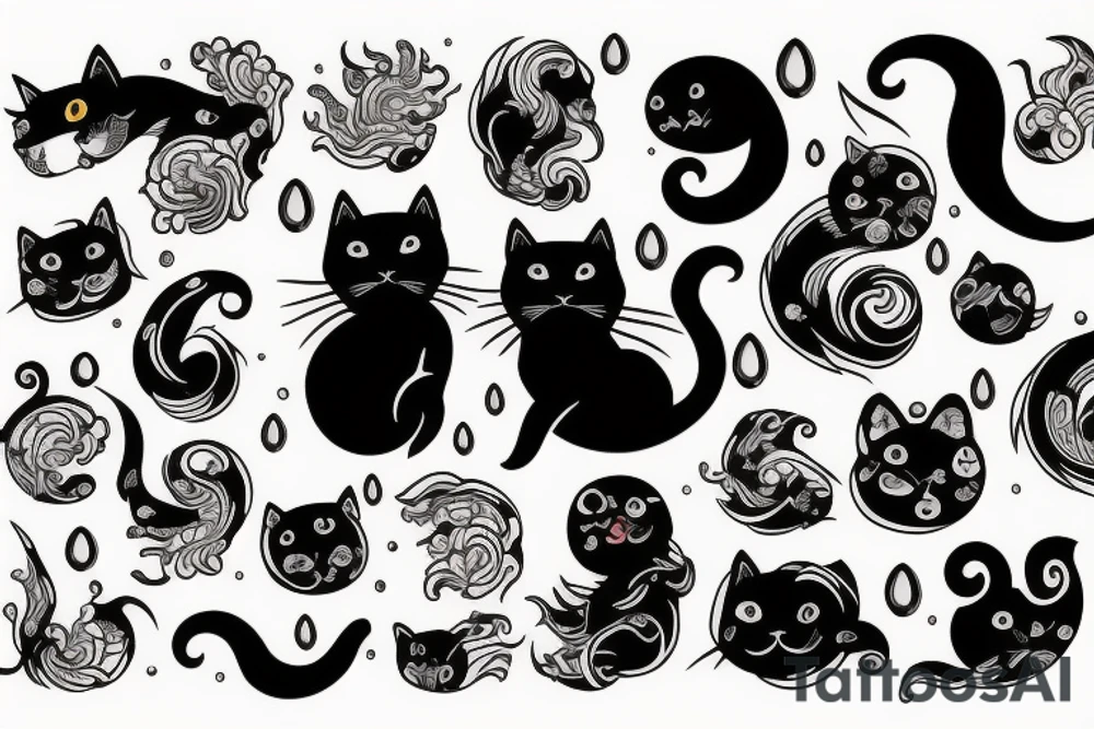 the ocean with waves around a black cat tattoo idea