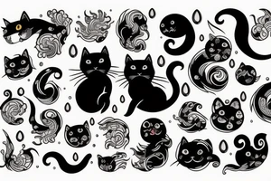 the ocean with waves around a black cat tattoo idea