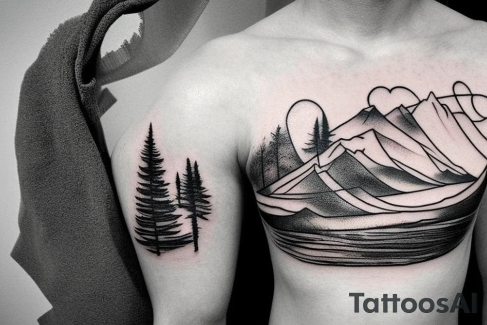 Sky, mountain, trees, tatoo on chest tattoo idea