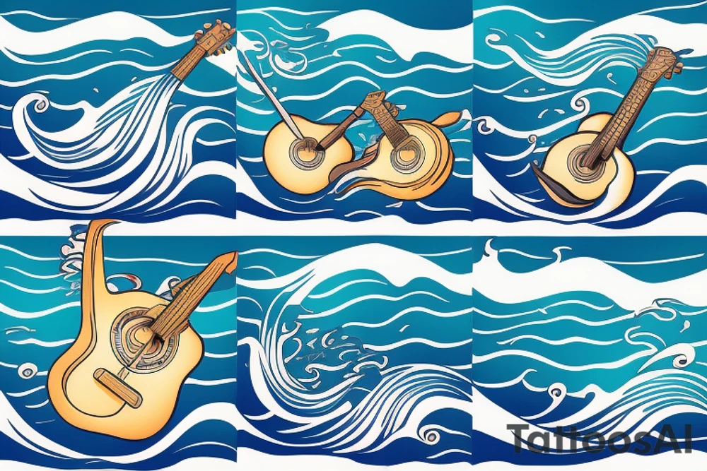 a guitar with ocean waves wrapping around tattoo idea