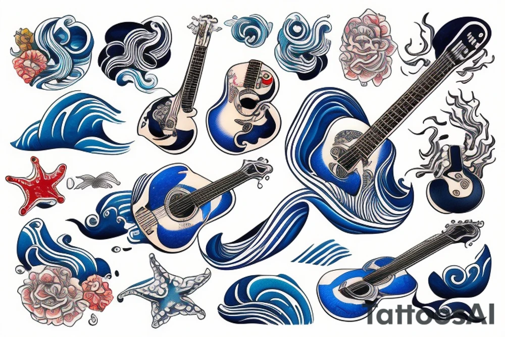 a guitar with ocean waves wrapping around tattoo idea