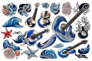 a guitar with ocean waves wrapping around tattoo idea