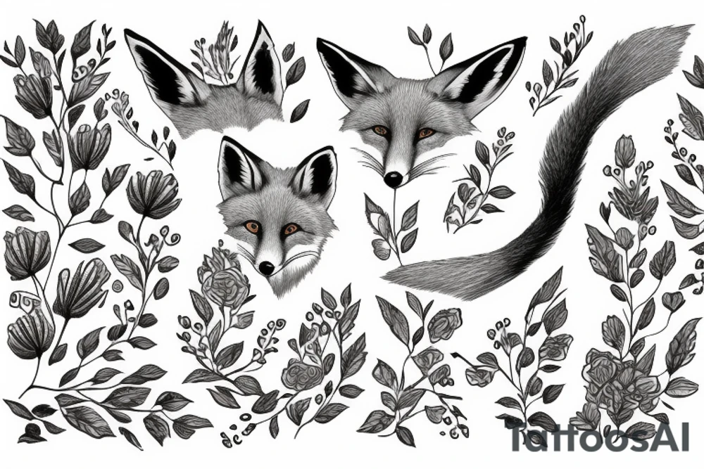 red fox surrounded by large buds of beautiful flowers tattoo idea