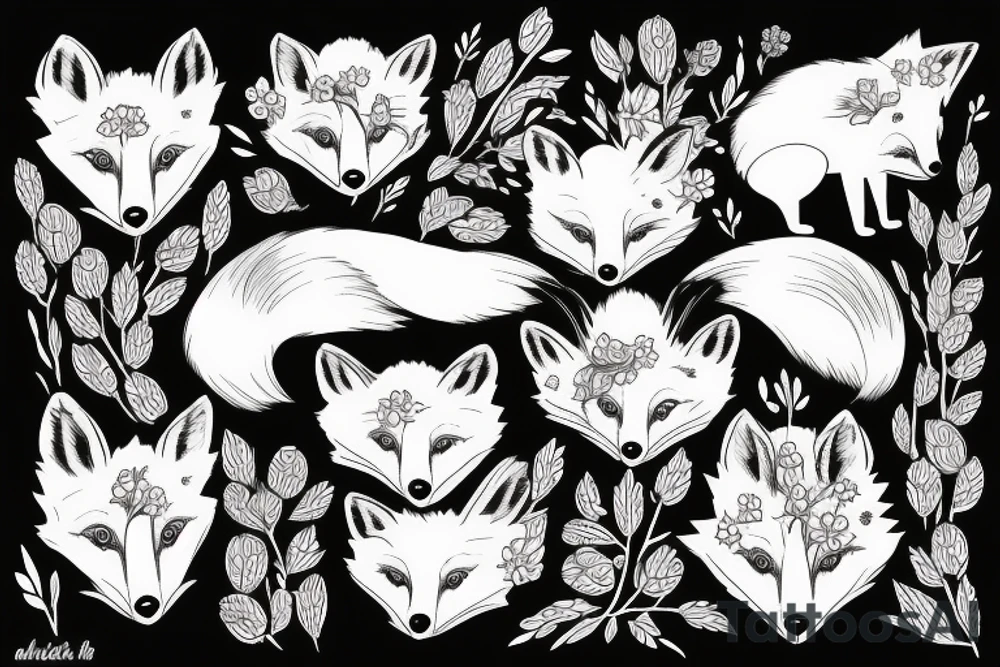 red fox surrounded by large buds of beautiful flowers tattoo idea