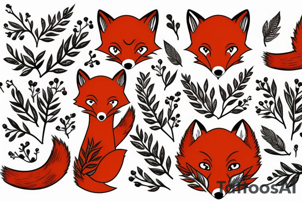 red fox surrounded by large buds of beautiful flowers tattoo idea