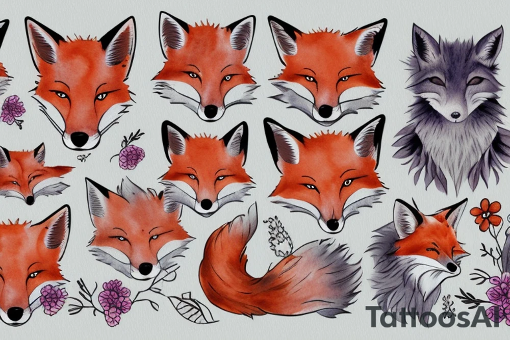 muzzle of a fox surrounded by large buds of beautiful flowers tattoo idea