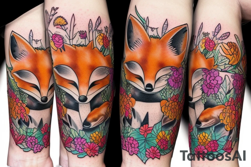 muzzle of a fox surrounded by large buds of beautiful flowers tattoo idea