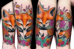 muzzle of a fox surrounded by large buds of beautiful flowers tattoo idea