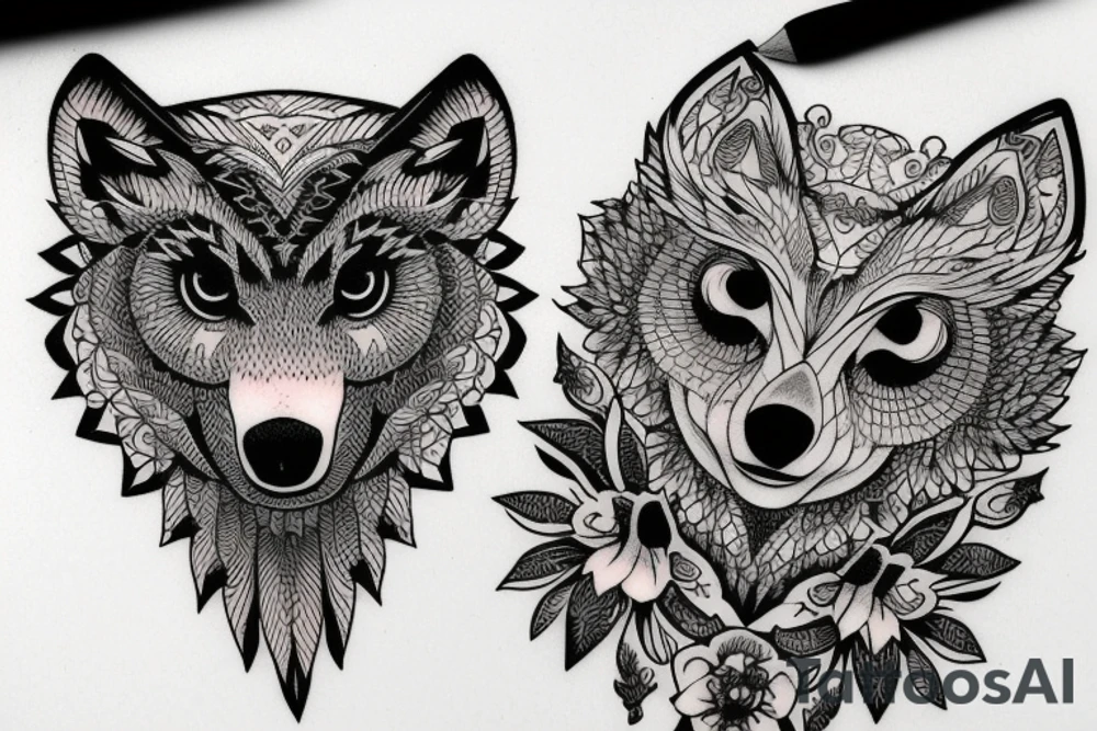 A wolf and an owl tattoo idea