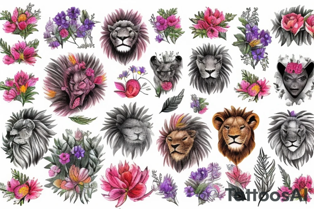muzzle of a lion surrounded by large buds of beautiful flowers tattoo idea