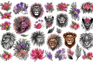 muzzle of a lion surrounded by large buds of beautiful flowers tattoo idea