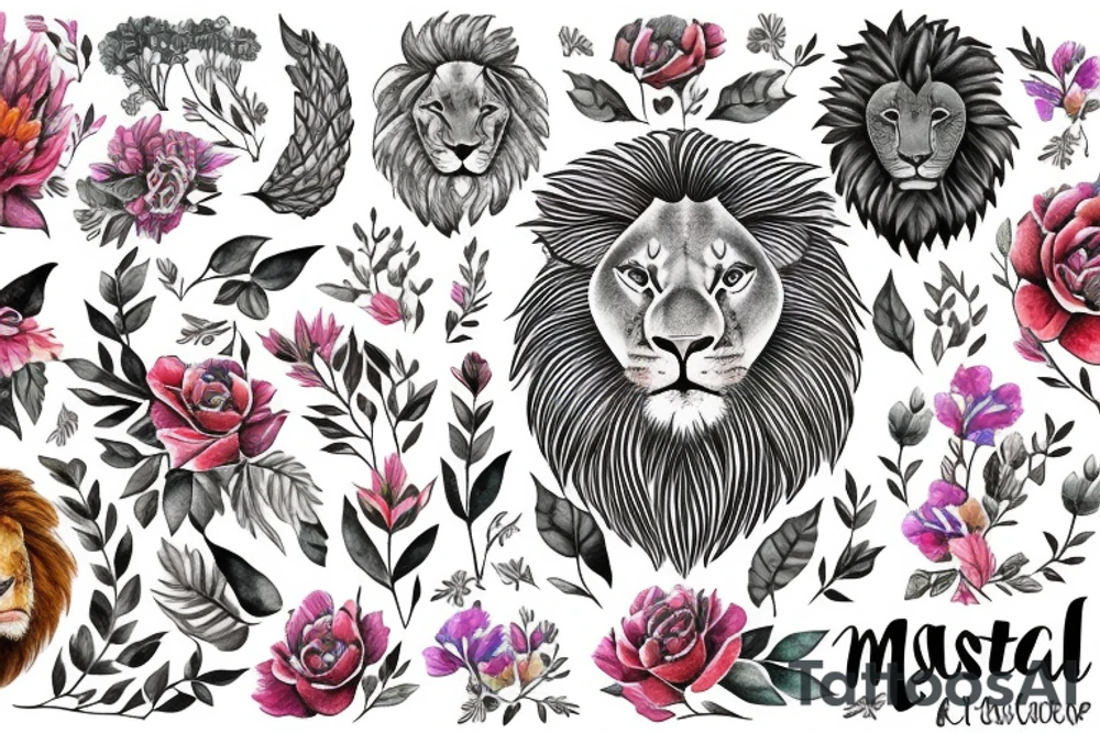 muzzle of a lion surrounded by large buds of beautiful flowers tattoo idea