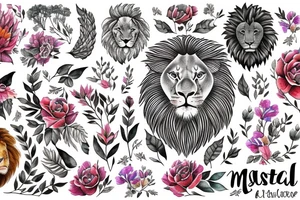 muzzle of a lion surrounded by large buds of beautiful flowers tattoo idea