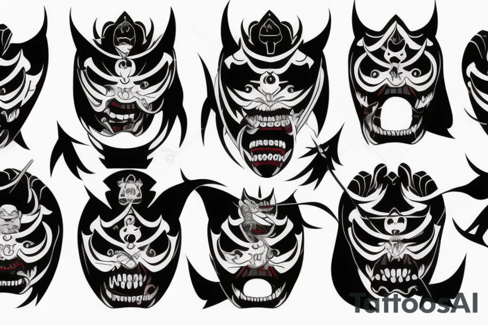 ritual mask oni with big eyes and
with big fangs tattoo idea