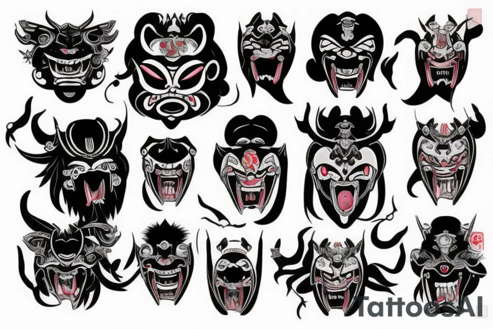 ritual mask oni with big eyes and
with big fangs tattoo idea