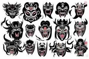 ritual mask oni with big eyes and
with big fangs tattoo idea