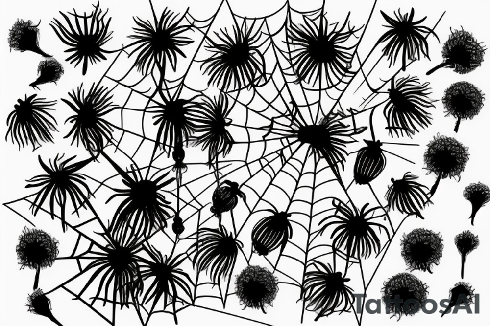 a spider on a swing blows away a dandelion tattoo idea