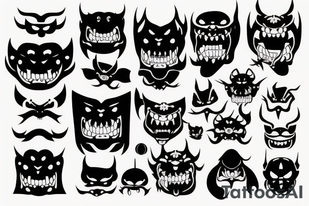 ritual japan mask with big eyes and
with big fangs tattoo idea