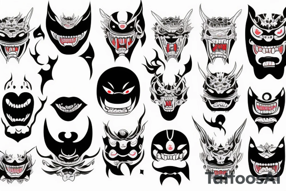 ritual japan mask with big eyes and
with big fangs tattoo idea
