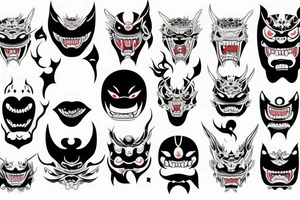 ritual japan mask with big eyes and
with big fangs tattoo idea