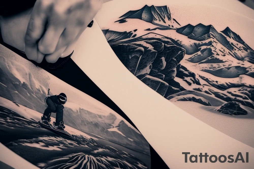 This tattoo features a snowboarder and mountains reflected in their snowboarding mask, as well as an electric guitar and a car moving towards the mountains in the background. The style of the tattoo is realism, meaning that the design aims to be as lifelike and detailed as possible.

The snowboarder is depicted in action, carving through the snow with their board as they make their way down the mountain. The mountains behind them are also highly detailed, with snow-capped peaks and intricate rock formations. The reflection of the mountains in the snowboarding mask adds an extra layer of depth to the design.

The electric guitar in the tattoo adds a musical element to the overall design, perhaps suggesting a love for both snowboarding and music. The car in the background, moving towards the mountains, could represent the desire to explore new places and seek out new adventures.

Overall, this tattoo is a stunning representation of a snowboarder's passion for the sport and the beauty of nature. tattoo idea