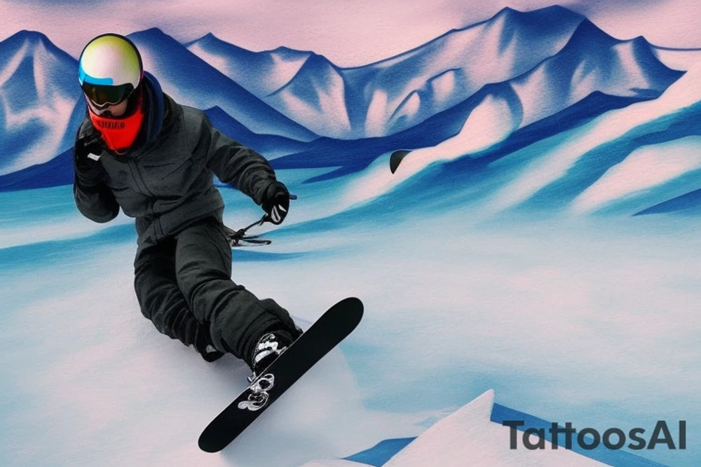 This tattoo features a snowboarder and mountains reflected in their snowboarding mask, as well as an electric guitar and a car moving towards the mountains in the background. The style of the tattoo is realism, meaning that the design aims to be as lifelike and detailed as possible.

The snowboarder is depicted in action, carving through the snow with their board as they make their way down the mountain. The mountains behind them are also highly detailed, with snow-capped peaks and intricate rock formations. The reflection of the mountains in the snowboarding mask adds an extra layer of depth to the design.

The electric guitar in the tattoo adds a musical element to the overall design, perhaps suggesting a love for both snowboarding and music. The car in the background, moving towards the mountains, could represent the desire to explore new places and seek out new adventures.

Overall, this tattoo is a stunning representation of a snowboarder's passion for the sport and the beauty of nature. tattoo idea