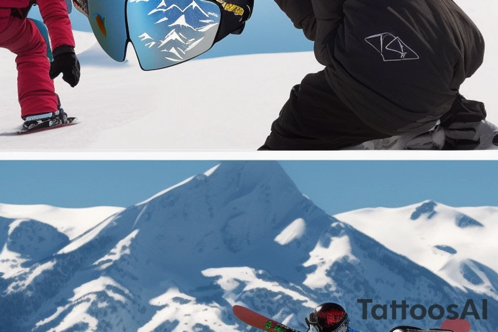 This tattoo features a snowboarder and mountains reflected in their snowboarding mask, as well as an electric guitar and a car moving towards the mountains in the background. The style of the tattoo is realism, meaning that the design aims to be as lifelike and detailed as possible.

The snowboarder is depicted in action, carving through the snow with their board as they make their way down the mountain. The mountains behind them are also highly detailed, with snow-capped peaks and intricate rock formations. The reflection of the mountains in the snowboarding mask adds an extra layer of depth to the design.

The electric guitar in the tattoo adds a musical element to the overall design, perhaps suggesting a love for both snowboarding and music. The car in the background, moving towards the mountains, could represent the desire to explore new places and seek out new adventures.

Overall, this tattoo is a stunning representation of a snowboarder's passion for the sport and the beauty of nature. tattoo idea