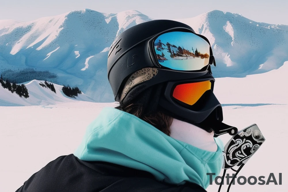 This tattoo features a snowboarder and mountains reflected in their snowboarding mask, as well as an electric guitar and a car moving towards the mountains in the background. The style of the tattoo is realism, meaning that the design aims to be as lifelike and detailed as possible.

The snowboarder is depicted in action, carving through the snow with their board as they make their way down the mountain. The mountains behind them are also highly detailed, with snow-capped peaks and intricate rock formations. The reflection of the mountains in the snowboarding mask adds an extra layer of depth to the design.

The electric guitar in the tattoo adds a musical element to the overall design, perhaps suggesting a love for both snowboarding and music. The car in the background, moving towards the mountains, could represent the desire to explore new places and seek out new adventures.

Overall, this tattoo is a stunning representation of a snowboarder's passion for the sport and the beauty of nature. tattoo idea