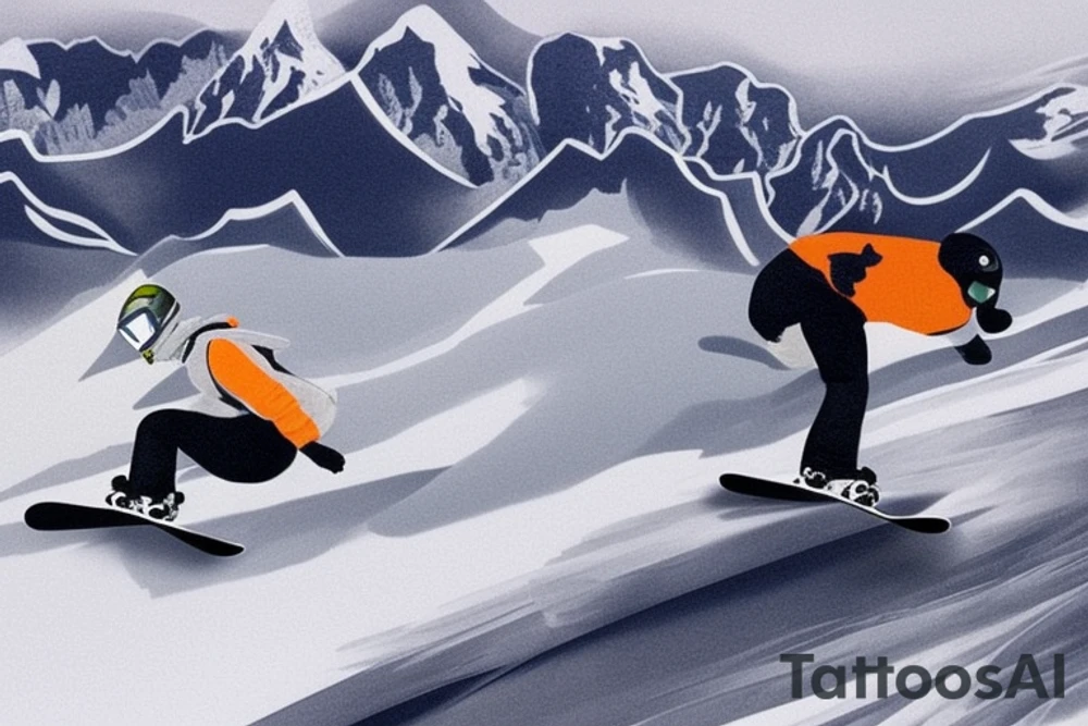 This tattoo features a snowboarder and mountains reflected in their snowboarding mask, as well as an electric guitar and a car moving towards the mountains in the background. The style of the tattoo is realism, meaning that the design aims to be as lifelike and detailed as possible.

The snowboarder is depicted in action, carving through the snow with their board as they make their way down the mountain. The mountains behind them are also highly detailed, with snow-capped peaks and intricate rock formations. The reflection of the mountains in the snowboarding mask adds an extra layer of depth to the design.

The electric guitar in the tattoo adds a musical element to the overall design, perhaps suggesting a love for both snowboarding and music. The car in the background, moving towards the mountains, could represent the desire to explore new places and seek out new adventures.

Overall, this tattoo is a stunning representation of a snowboarder's passion for the sport and the beauty of nature. tattoo idea