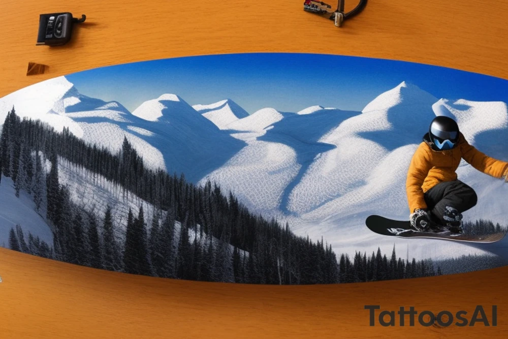 This tattoo features a snowboarder and mountains reflected in their snowboarding mask, as well as an electric guitar and a car moving towards the mountains in the background. The style of the tattoo is realism, meaning that the design aims to be as lifelike and detailed as possible.

The snowboarder is depicted in action, carving through the snow with their board as they make their way down the mountain. The mountains behind them are also highly detailed, with snow-capped peaks and intricate rock formations. The reflection of the mountains in the snowboarding mask adds an extra layer of depth to the design.

The electric guitar in the tattoo adds a musical element to the overall design, perhaps suggesting a love for both snowboarding and music. The car in the background, moving towards the mountains, could represent the desire to explore new places and seek out new adventures.

Overall, this tattoo is a stunning representation of a snowboarder's passion for the sport and the beauty of nature. tattoo idea