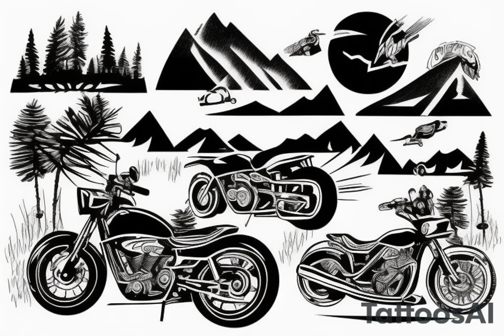 motorbike trip, sunset in the mountains tattoo idea