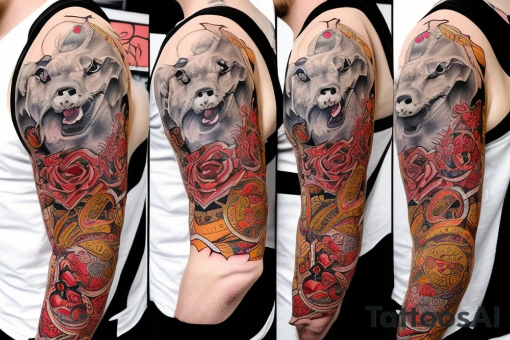 bull terier dog in front side neotraditional style color tattoo idea