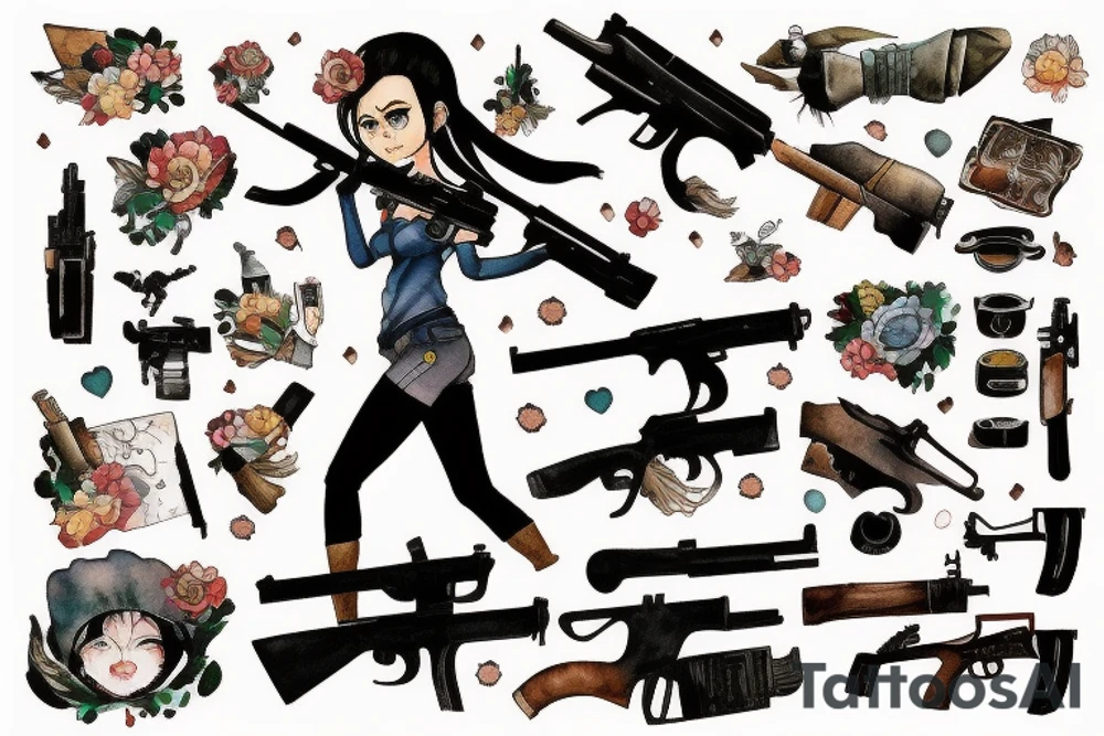 Girl with gun on the battelfield tattoo idea
